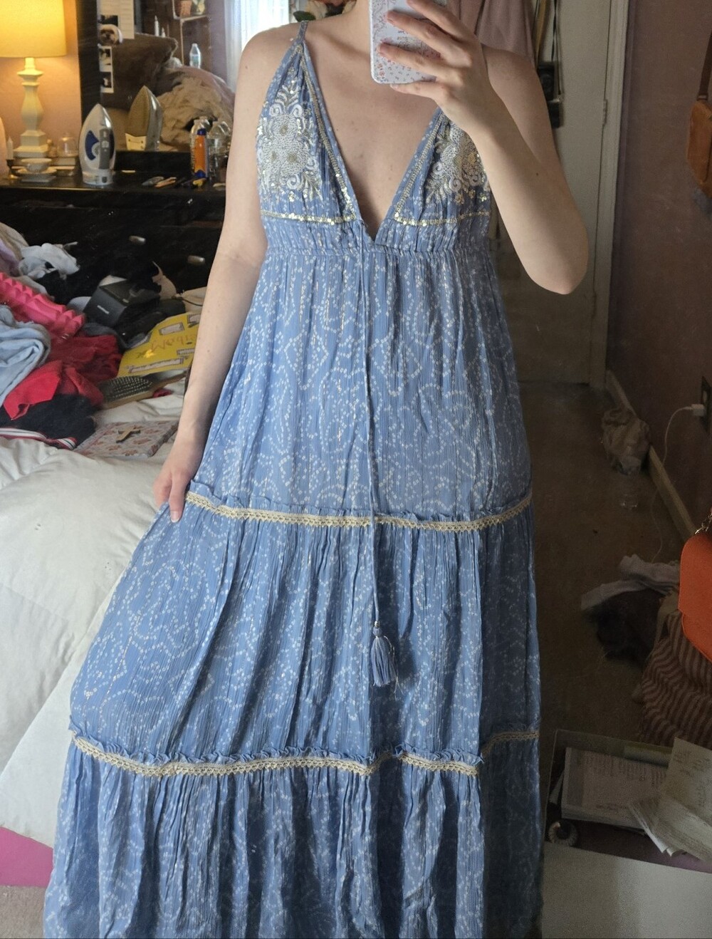 Light Blue Floral Maxi Dress with Tassel Tie